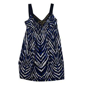 Inc Petite Blue & White Zebra Print Sleeveless Dress W/ Gold Studs medium 1714